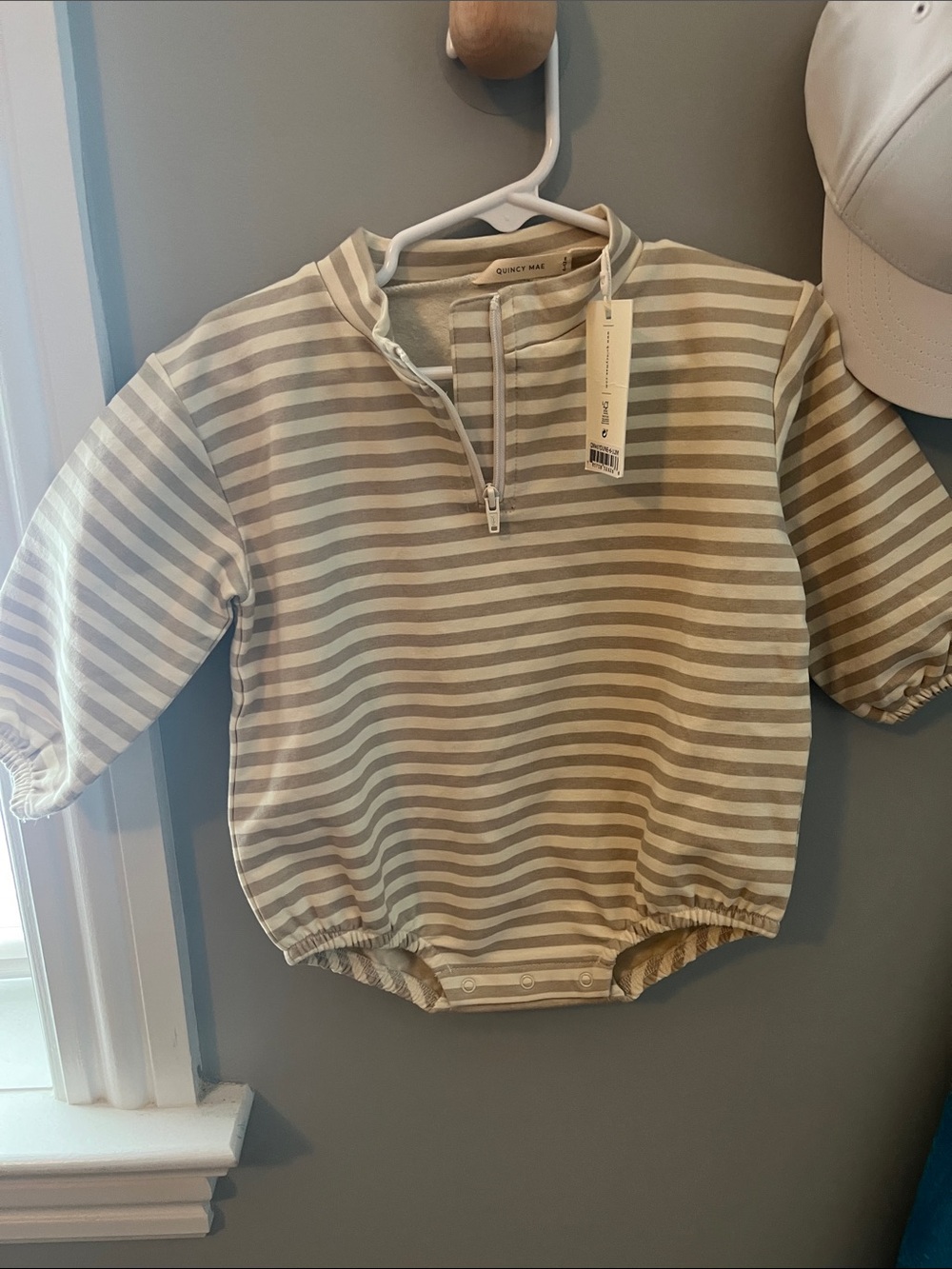 Quincy Mae Beige & White Striped Zip-Up Baby Romper/bubble Top